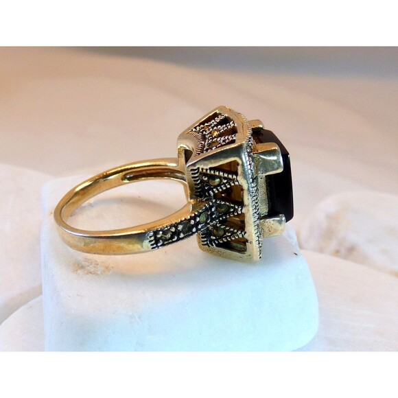 Vintage Marcasite Black Onyx Sterling Silver Ring Sz 6.75 - Picture 6 of 9